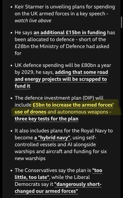 Image: A news bullet-point summary about UK Prime Minister Keir Starmer's defence spending announcement, highlighting £15bn in additional funding and £5bn earmarked for drones and autonomous weapons as part of the Defence Investment Plan.

The post references "$ONDS Rotron" (Ondas Holdings), a drone/autonomous systems company, which ties into the £5bn UK allocation for drones and autonomous weapons noted in the image—relevant as a potential beneficiary or market signal for the drone sector.