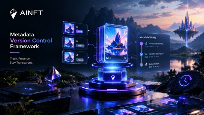 A digital graphic for AINFT showcasing a 'Metadata Version Control Framework' with the tagline 'Track. Preserve. Stay Transparent,' featuring an NFT floating above a futuristic platform.