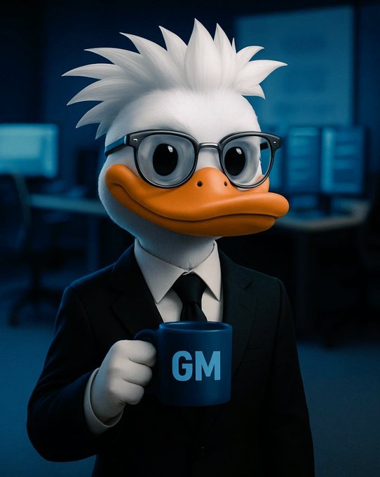A 3D rendered image of Donald Duck wearing glasses, a black suit, and tie, holding a coffee mug with 'GM' written on it in an office setting.
