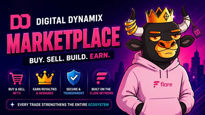 A vibrant promotional graphic for 'Digital Dynamix Marketplace' features a bull character wearing a pink Flare hoodie, advertising 'BUY. SELL. BUILD. EARN.' with NFT marketplace features.