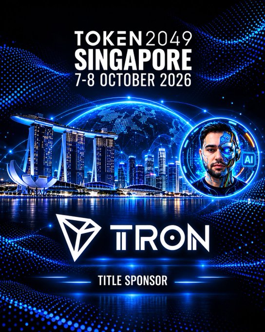 A promotional graphic for **TOKEN2049 Singapore** (October 7-8, 2026), featuring the iconic Marina Bay Sands skyline alongside an AI-augmented portrait, with **TRON** prominently displayed as the **Title Sponsor**, matching the post's announcement of TRON DAO's sponsorship of the major crypto conference.