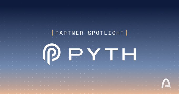 A "Partner Spotlight" graphic featuring the Pyth Network logo against a gradient blue-orange background with dot accents, visually promoting Pyth's partnership to deliver high-speed financial data infrastructure.