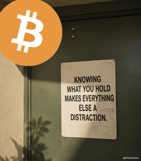 A motivational poster with a Bitcoin logo overlay features the text "KNOWING WHAT YOU HOLD MAKES EVERYTHING ELSE A DISTRACTION." with the handle "@BTCDontCare" in the corner.