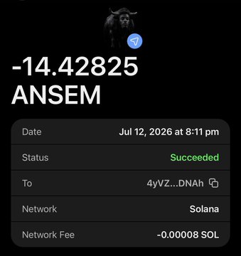 A dark-themed transaction receipt displaying a transfer of **$ANSEM** with an amount of **-14.42825** to the wallet ending in **DNAh**, showing a "Succeeded" status on the **Solana** network dated Jul 12, 2026. The image supports the accompanying post confirming the sender fulfilled their promise to distribute $ANSEM tokens to participants.