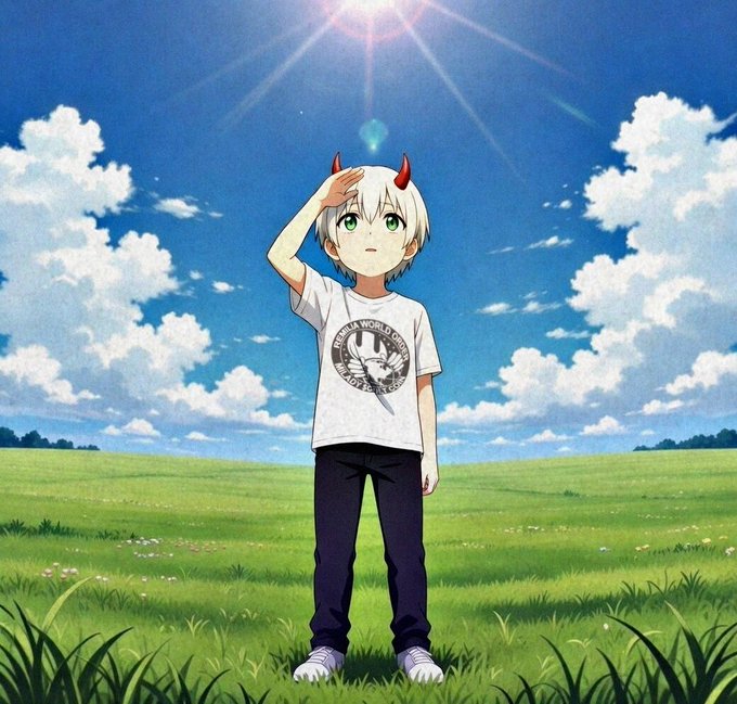 An anime illustration of a young character with white hair, small red horns, and green eyes wearing a white t-shirt, standing in a grassy field under a sunny blue sky with clouds.