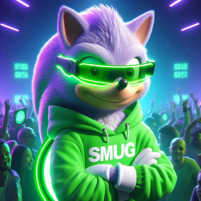 A digital illustration of a smug-looking hedgehog character wearing green neon sunglasses and a green hoodie with the word 'SMUG' on it, set against a neon-lit crowd background.