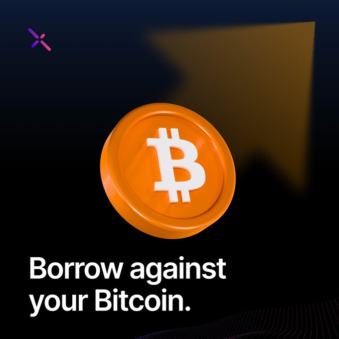 The image features a coin with an orange hue that has a white "B" symbol, which appears to be a Bitcoin. The background of the image is black, making the coin stand out prominently. Below the coin, there's text that reads "borrow against your Bitcoin." This message seems to be promoting the idea of using Bitcoin as a means of securing one's assets and potentially making money through cryptocurrency trading or lending services.