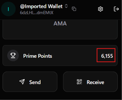A screenshot of the Imported Wallet interface (@ZiZiNE__GAMeMX) displays "AMA," "Prime Points" with a score of 6,155 highlighted in red, and "Send" and "Receive" buttons, illustrating a user's progress in the AMAHub Season 01 quests mentioned in the accompanying post.