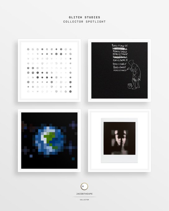 A 'Glitch Studies Collector Spotlight' featuring 'Jacobtheape' that showcases four framed digital artworks in a grid: a grid of circles, glitched text reading 'Persistence' alongside a figure, a pixelated Earth, and a blurry double-exposure portrait.