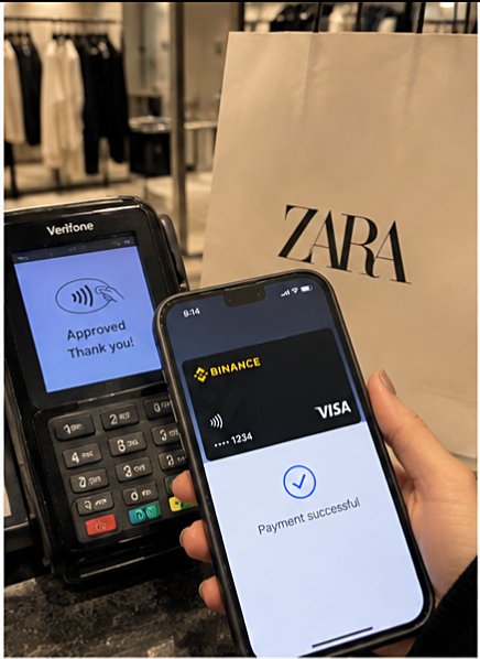 A photo showing a successful Binance Visa payment at Zara, with a Verifone payment terminal displaying 'Approved Thank you!' and a smartphone showing 'Payment successful' next to a ZARA shopping bag.