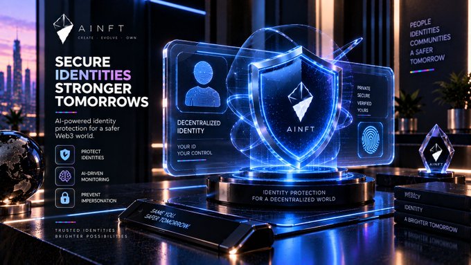 Promotional graphic for AiNFT showing a glowing blue holographic shield with the company logo, accompanied by the text 'SECURE IDENTITIES STRONGER TOMORROWS' and 'AI-powered identity protection for a safer Web3 world.'