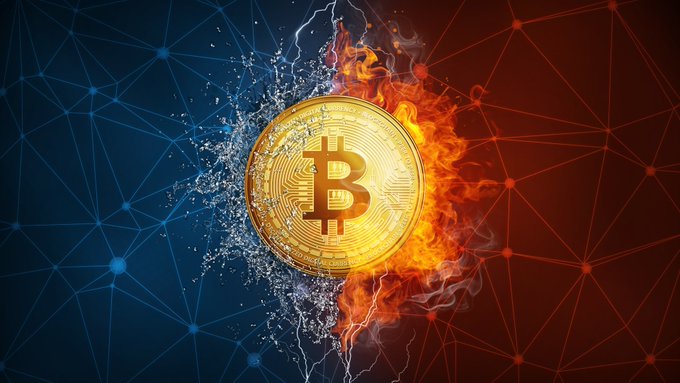 A golden Bitcoin coin is dramatically split between icy blue blockchain network elements on the left and fiery red flames with lightning on the right, symbolizing the explosive market movement referenced in the post about Bitcoin's surge to +9% and Ethereum's +23% rally following record-breaking ETF inflows and the largest short liquidation in crypto history.