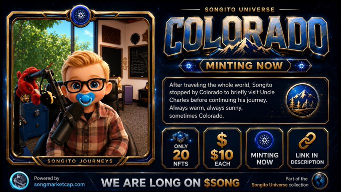 The image features a cartoon boy wearing glasses, holding a pacifier, with a blue background that says "Colorado Minting Now" at the top of the screen. Below this, there are descriptions of the minting process for the coin "Cardano". The post also mentions that it is related to the songmarketcap.com/songito-univer ..." #Cardano News $SONG $ADA $NMKR", which suggests a connection between the minting process and the song market.