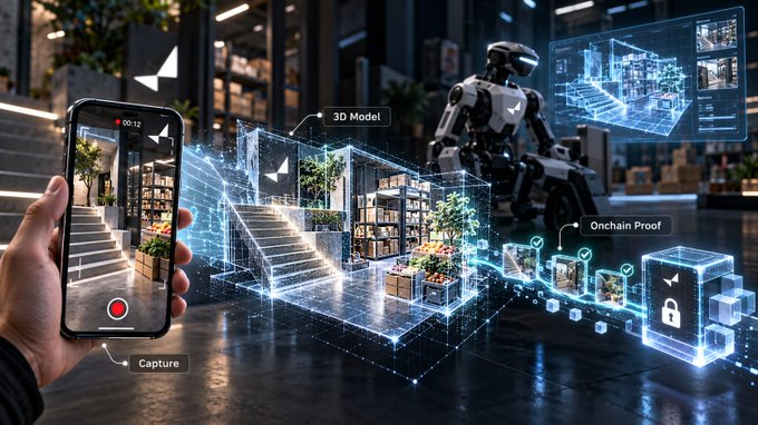 A futuristic illustration showing a hand holding a smartphone capturing a 3D model of a building interior, with a robot, holographic displays labeled "3D Model" and "Onchain Proof," and a padlock icon suggesting blockchain integration.