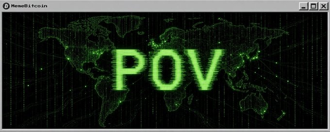 A digital 'MemeBitcoin' graphic displays the word 'POV' in bright green pixelated text over a world map background.