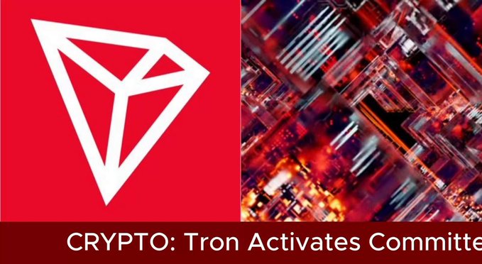 The image displays the TRON (TRX) cryptocurrency logo on the left and a circuit board graphic on the right, with a banner at the bottom reading "CRYPTO: Tron Activates Committe." The technical, tech-focused imagery visually reinforces the accompanying post about TRON's GreatVoyage-v4.8.2 network upgrade and its Ethereum compatibility improvements, such as the CLZ instruction.