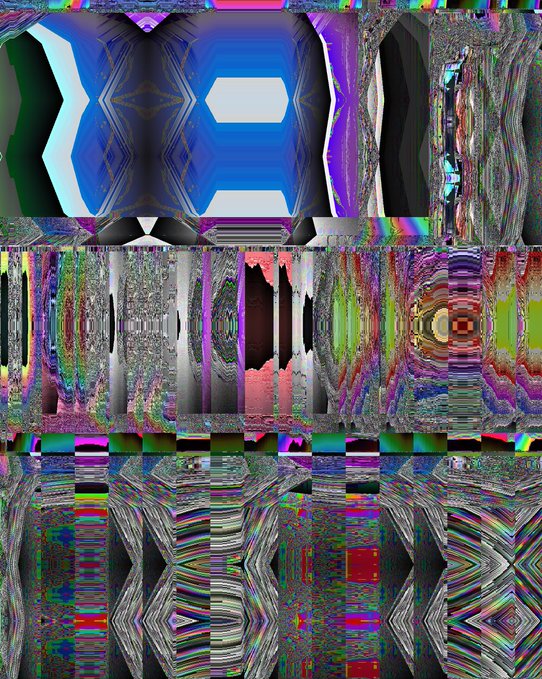 A glitchy, abstract digital image filled with distorted pixels, geometric shapes, and chaotic patterns in blue, purple, green, and pink hues.