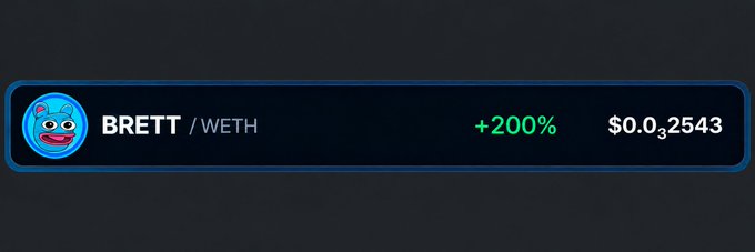 A cryptocurrency ticker displays 'BRETT / WETH' showing a +200% gain at $0.03,2543 with a blue frog meme logo on the left.
