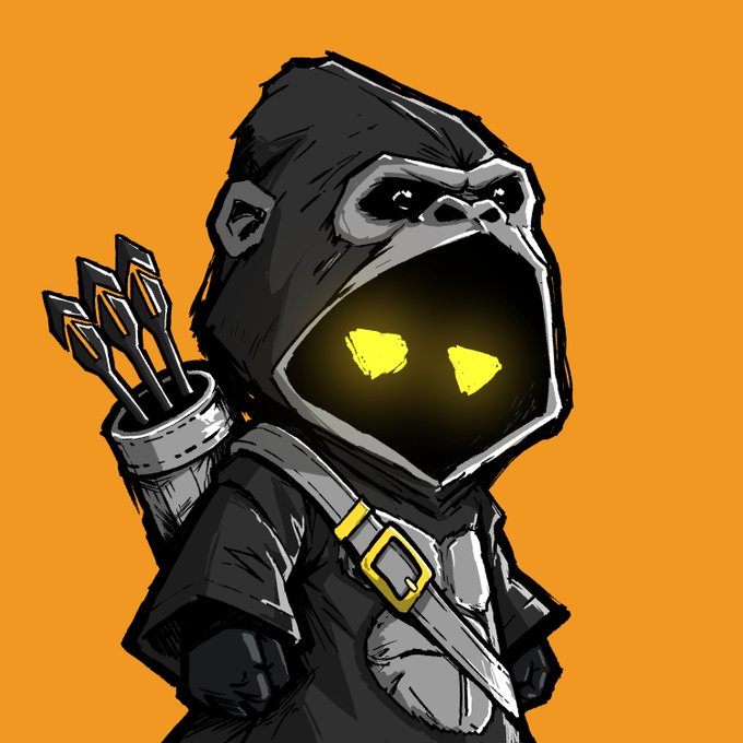 A stylized illustration of a hooded gorilla archer with glowing yellow eyes against an orange background, quivering arrows in a quiver on its back, evoking the "Hooja" name from the post and fitting the celebratory tone of the launch announcement and whitelist news.