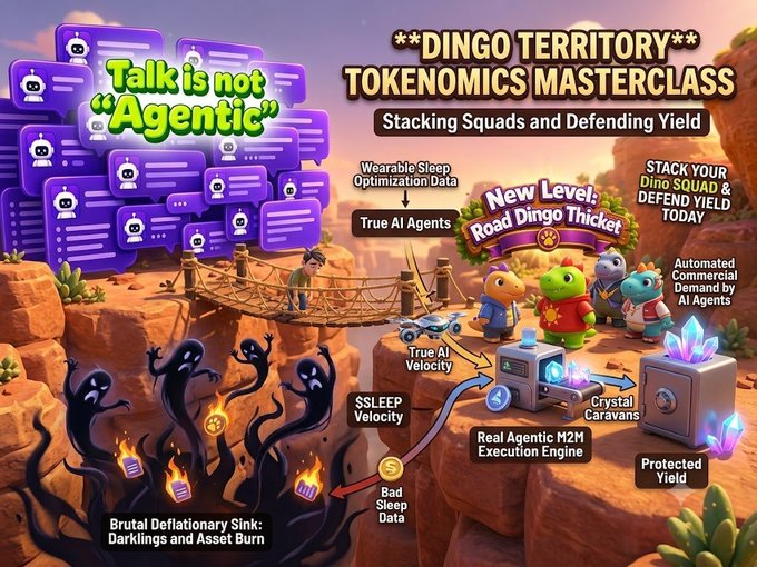 A vibrant promotional infographic titled "**DINGO TERRITORY** TOKENOMICS MASTERCLASS" contrasts "Talk is not Agentic" (depicted as purple chat bubbles) with "True AI Agents" (shown as cartoon characters in a desert landscape), illustrating how wearable sleep optimization data flows into AI agents and a "Real Agentic M2M Execution Engine" to generate yield, while a "Brutal Deflationary Sink" featuring dark "Darklings" burns bad sleep data—visually reinforcing the post's message about distinguishing fake AI wrappers from genuine structural economic shifts in the Sleepagotchi ($SLEEP) ecosystem.