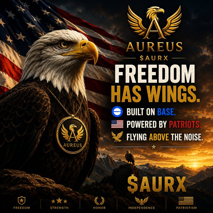 The image features a large eagle with its wings spread wide, wearing a gold chain around its neck and standing atop a mountain under an American flag backdrop. The text "AURX" is written at the bottom of the image.