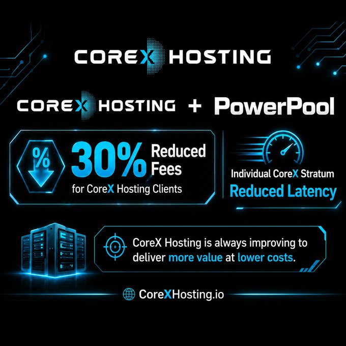 A promotional graphic for 'CoreX Hosting' announcing a partnership with 'PowerPool', highlighting '30% Reduced Fees for CoreX Hosting Clients' and 'Reduced Latency'.