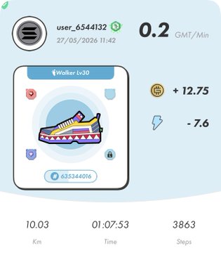 The image shows a fitness tracking app with a blue background, displaying information about a user's progress during their workout session. The app provides details such as the number of steps taken, calories burned, and distance traveled. It also features an illustration of a colorful shoe on its screen, which is likely related to the user's activity or exercise routine.