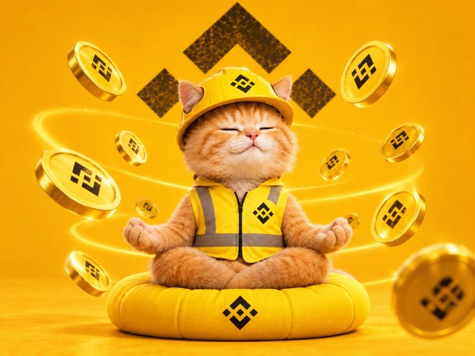 A blissful orange cat meditates in a yoga pose wearing a construction hard hat and safety vest, surrounded by floating gold Binance (BNB) coins with the platform's diamond logo prominently featured, symbolizing the poster's optimistic vision that $SUE will become the leading "cat coin" on BNB Chain and surpass $WIF.