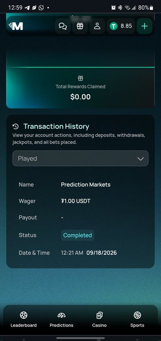 A mobile app screenshot showing a transaction history with 'Total Rewards Claimed $0.00', a 'Transaction History' section, and a completed bet of ₮1.00 USDT on 'Prediction Markets' dated 09/18/2026.