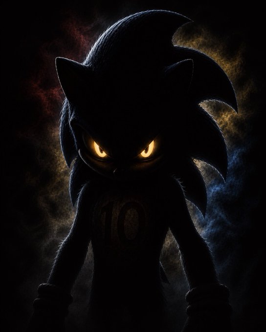 A dark silhouette of an anthropomorphic hedgehog character (Shadow the Hedgehog) with glowing yellow eyes, wearing a shirt with a '10' logo, set against a smoky dark background.