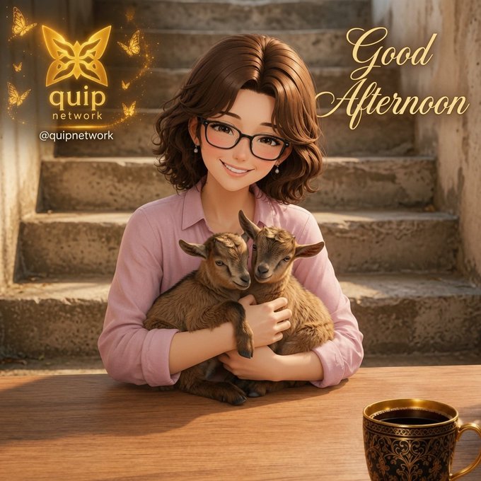 The image features a woman sitting at a table with two goats on her lap, holding them close to her chest. The scene takes place outdoors, possibly near some stairs or a wooden structure. In the background of the photo, there are butterflies flying around, adding a whimsical touch to the overall atmosphere. The caption "Good Afternoon, While most projects are still debating future threats" suggests that the image is related to the post about the quantum era and its impact on crypto.