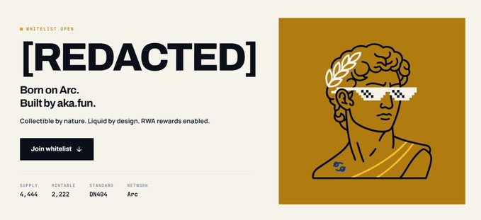 A landing page for '[REDACTED]' NFT collection with text 'Born on Arc. Built by aka.fun.' and stats showing SUPPLY 4,444, MINTABLE 2,222, STANDARD DN404, NETWORK Arc, alongside an illustration of a classical statue wearing pixelated sunglasses.