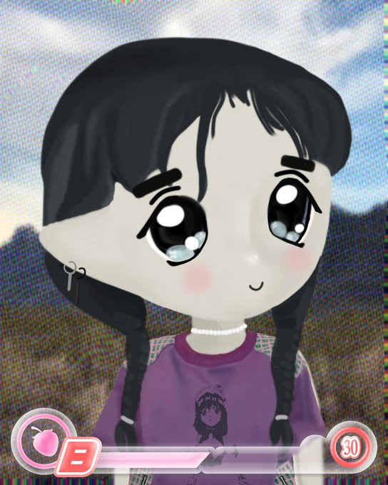 A chibi-style cartoon girl with black hair in pigtails, large expressive eyes, and a purple shirt, displayed within a game-like interface with health/energy bars and a level indicator showing '30'.