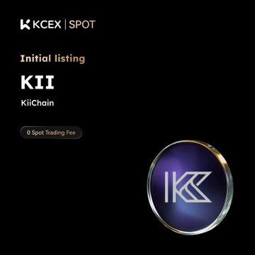 An announcement image for KCEX SPOT exchange listing KII token from KiiChain with 0 Spot Trading Fee, featuring a purple and gold circular logo with the 'K' emblem.