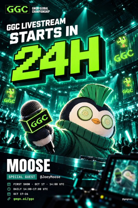 Promotional poster for the "GGC Global Championship" livestream, featuring a green penguin mascot (MOOSE) holding a GGC-branded microphone, announcing the event starts in "24H" with the caption "FIRST SHOW - OCT 17 - 14:00 UTC" running daily 14:00-17:00 UTC through Oct 17-26 at gggn.ai/ggc, alongside special guest @JoeyMoose—matching the post about hosting a 10-day qualifier event leading to a London final with an Aston Martin prize.