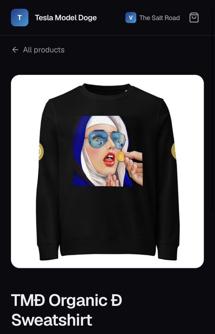 A product page showing a black sweatshirt featuring a pop-art style image of a woman in sunglasses, with the text 'TMD Organic Sweatshirt' below.