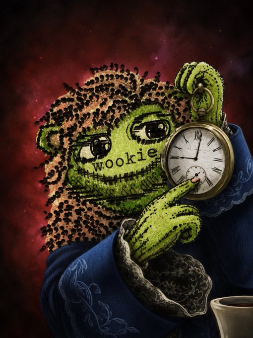 An illustration shows a green, stitched character resembling Wicket the Wookiee holding a pocket watch, with the word 'wookiee' written on its face.