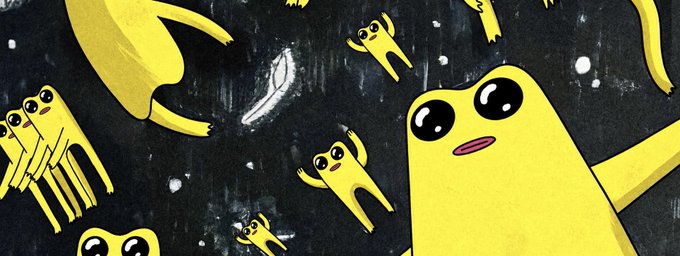 A whimsical illustration of various yellow fwog characters floating against a starry black background, with one prominent frog-like figure featured on the right side. The image celebrates the launch of $FWOB (BNB Fwog), a new art coin being introduced to commemorate two years of the $FWOG community.