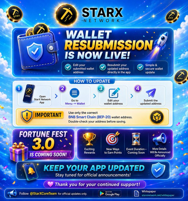 The image is a promotional graphic for STARX Network announcing that wallet resubmission is live, with a four-step guide (Open StarX Network App → Go to Menu → Wallet → Edit your wallet address → Submit the updated address) and a reminder to use only the correct BNB Smart Chain (BEP-20) wallet address. It also teases the upcoming Fortune Fest 3.0 event and encourages users to keep their app updated, matching the accompanying post's hashtags #StarXNetwork, #STRX, and #FortuneFest3.