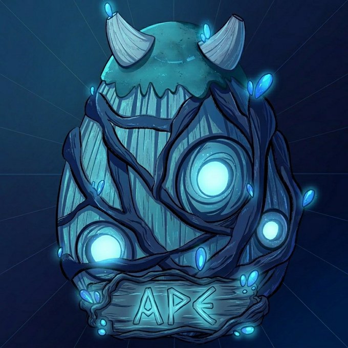 The image features a cartoon-style Easter egg with a wooden base, adorned with blue lights that give it an ethereal glow. The egg has a face carved into its side, adding a whimsical touch. The background of the image is dark blue, providing a stark contrast to the vibrant colors and intricate details of the Easter egg. In the bottom right corner of the image, there's text that reads "I bleed @apecoin blue. $APE". This text seems to be part of an Easter egg-themed post or artwork on social media platforms like Instagram or Twitter.