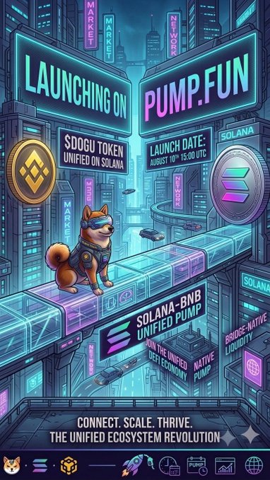A neon cyberpunk-style promotional graphic advertises '$DOGU TOKEN UNIFIED ON SOLANA' launching on PUMP.FUN on August 10th at 15:00 UTC, featuring a Shiba Inu dog wearing a mask.