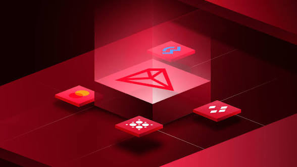 A red-themed digital graphic showing a transparent cube containing the TRON (TRX) logo, surrounded by floating cryptocurrency icons including Solana, TronLink, Binance, and others.