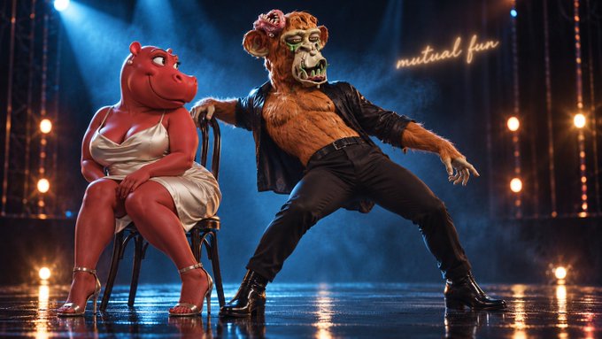 A theatrical scene shows an anthropomorphic hippopotamus in a white dress seated next to a costumed orangutan wearing a leather jacket on a stage, with 'mutual fun' text illuminated in the background.