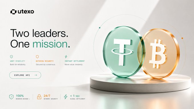 A marketing banner for Utexo with the headline 'Two leaders. One mission.' showing 3D glass-style coins of Tether (T) and Bitcoin (B), highlighting features like USDT stability, Bitcoin security, and instant settlement.