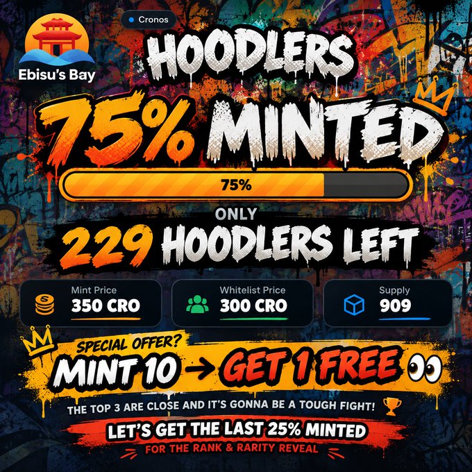 NFT minting promotional graphic for 'Ebisu's Bay' Hoodlers on Cronos blockchain, showing 75% minted with only 229 left, mint price 350 CRO, whitelist price 300 CRO, supply 909, and a special offer 'MINT 10 -> GET 1 FREE'.