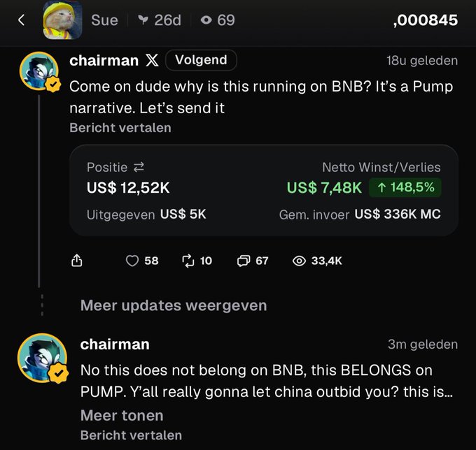 A Twitter/X post by 'chairman' (@Volgend) criticizing a crypto project for running on BNB instead of PUMP, showing a position of US$12.52K with net win of US$7.48K (148.5%) from a $5K investment at $336K MC.
