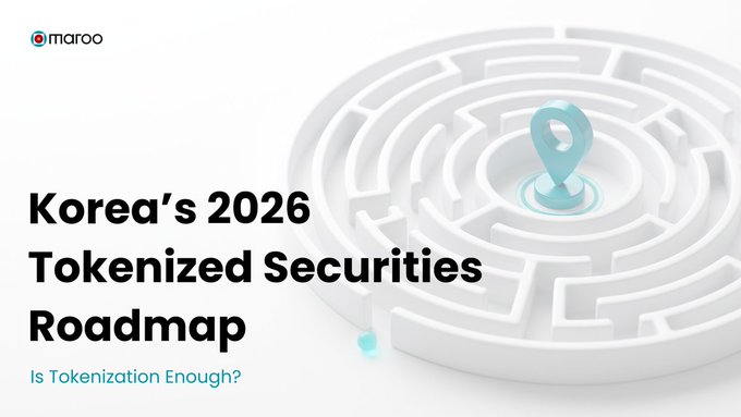 Maroo header banner titled 'Korea's 2026 Tokenized Securities Roadmap' with subtitle 'Is Tokenization Enough?', featuring a 3D white maze with a location pin.