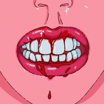 Stylized illustration of glossy pink lips with blood dripping from the teeth and a drop falling below the mouth.