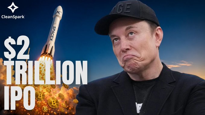 The image features a man wearing a black hat, sitting against an orange backdrop that includes a rocket launch. The image also says "$2T IPO" in large white text next to the man's face. In the background of this image, there is another person who appears to be smiling. A caption beneath the picture reads: "Catch the latest episode of 'Blockspace', in partnership with @blockspace . BLOCKSPACE: SpaceX’s $2T IPO by the Numbers and Anthropic’s 1 GW Search for Capacity SpaceX (SPCX) IPOs at a $2 trillion valuation".