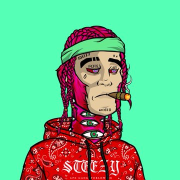 An illustrated portrait of a stylized figure with purple dreadlocks, facial tattoos, and multiple eyes on their neck and forehead, wearing a red 'SORORITY' hoodie against a green background.